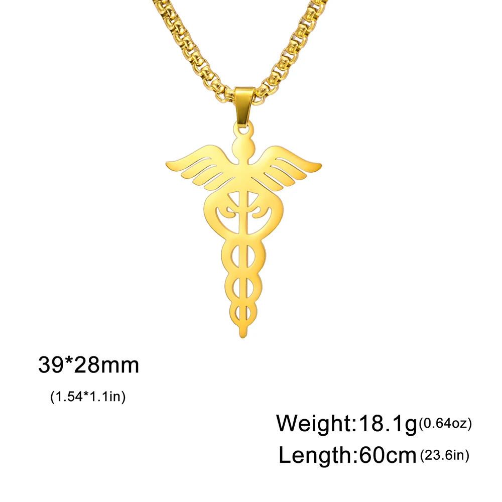 Dawapara Caduceus Necklace Archangel Wings Healing Medical Symbol Pendant Asclepius Protection Amulet Stainless  Steel Jewelry