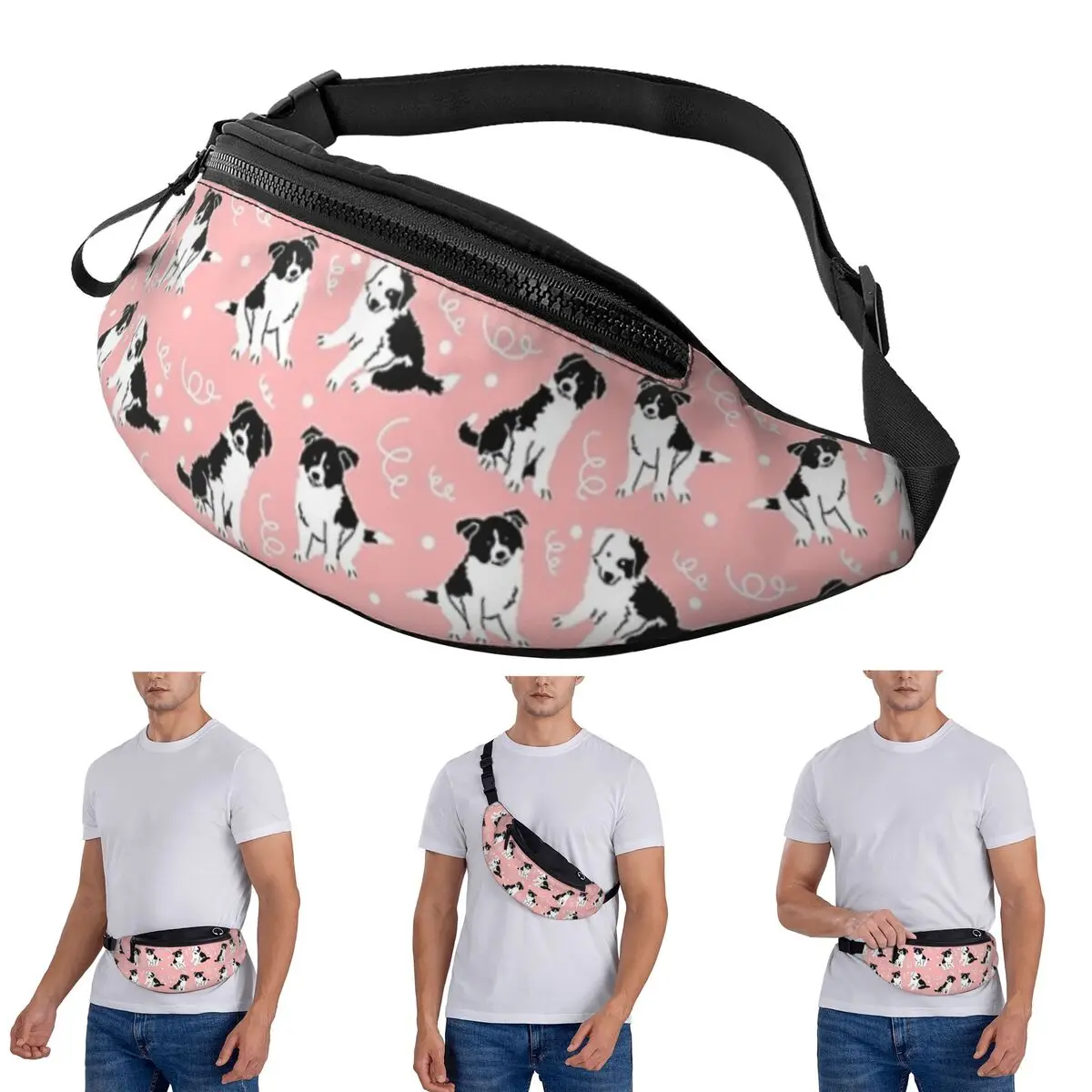 Crossbody Waist Bag Border Collie Puppy Pattern - Pink Men Women Fanny Pack Travel Running Money Phone Pouch