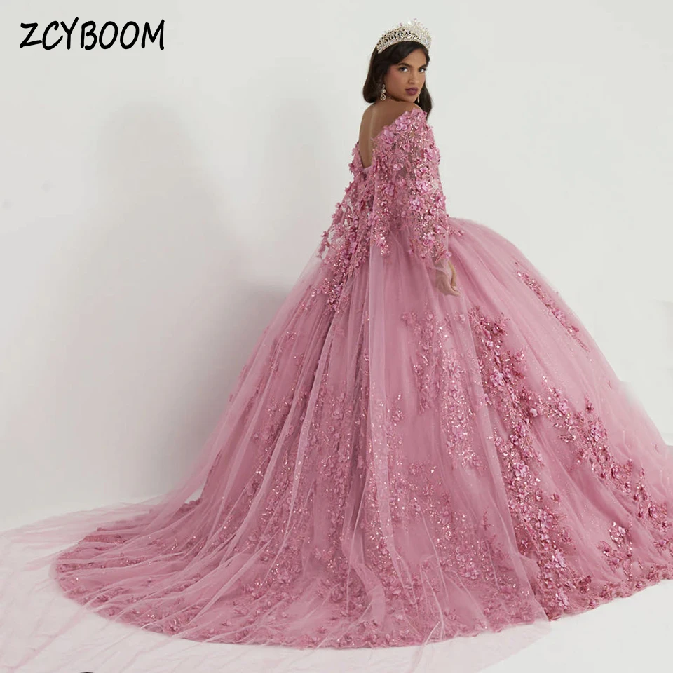 Elegante rosa cinta de espaguete sem costas flores apliques quinceanera vestido 2025 vestido de baile até o chão trem varredura vestido de baile
