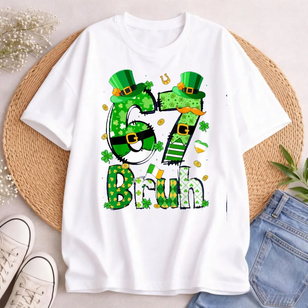 St Patricks Day Bruh 67 Meme Six Seven Leprechaun Unisex T-Shirt  Shamrock Graphic Tee Women Casual Cotton Short Sleeve Tops