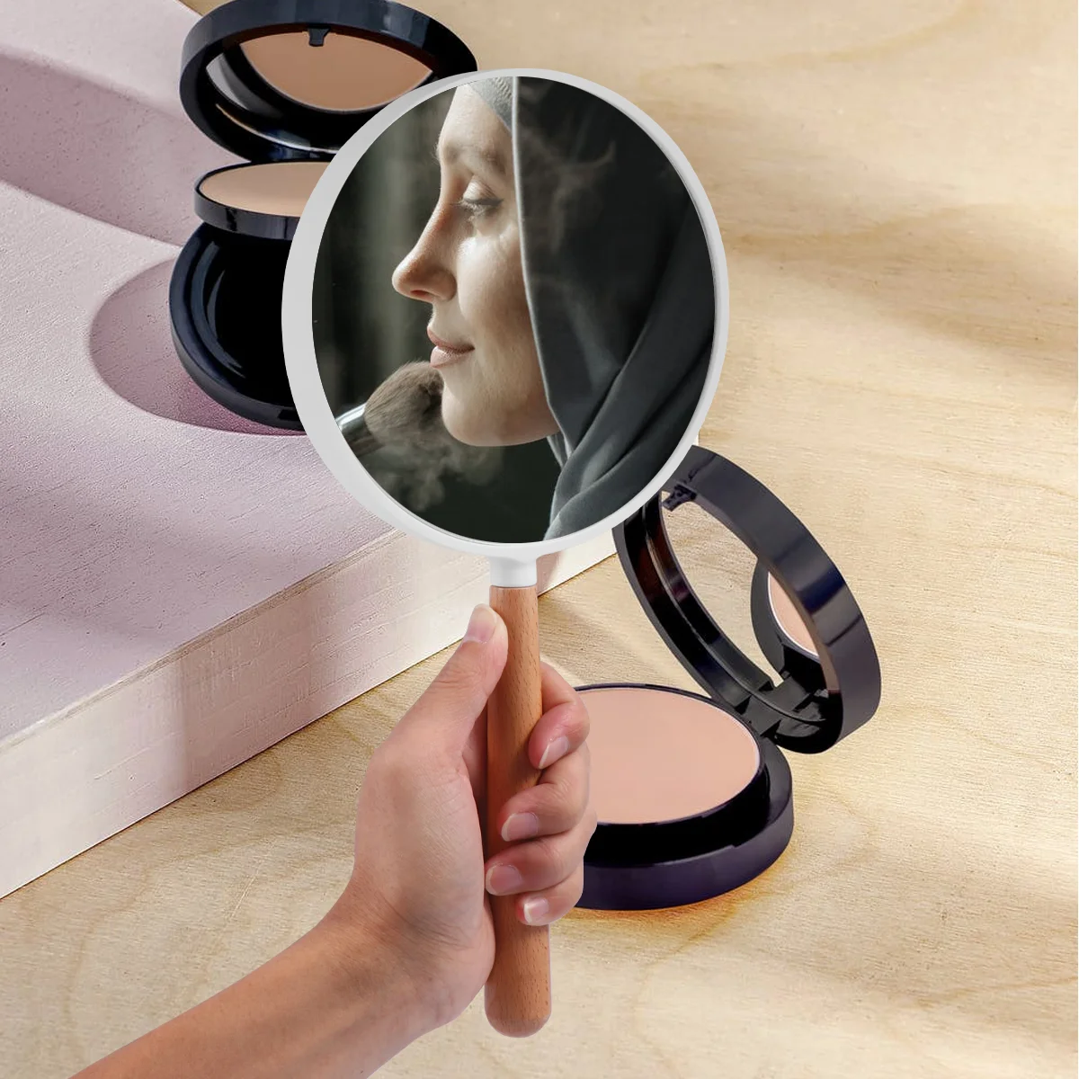 

Round Hand Mirror Handheld Mirrors Makeup Handle Handhold Portable Double Sided Beech Abs Frame