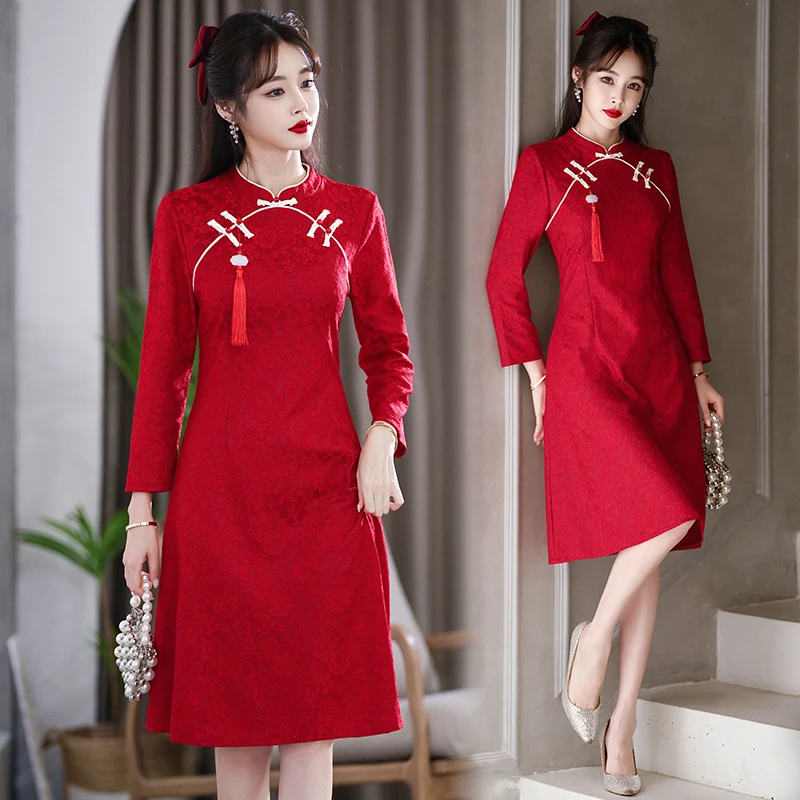 Stage Performance Improved Modern Red Cheongsam Retro Long Sleeve Chinese Traditional Qipao Party Dress CNY