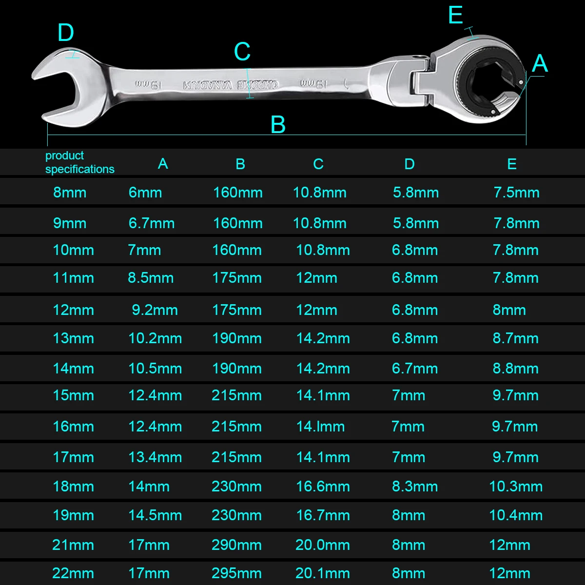 Metric Open Flex-Head Ratcheting Wrench Combination 8-22mm, Metric Spanner with 72 Teeth, Chrome Vanadium Steel Tubing Ratchet