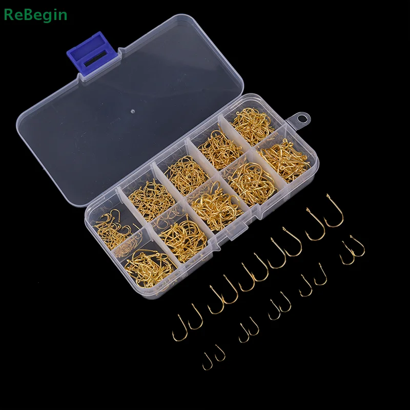 500pcs/set #3~#12 Fishing Hooks Carbon Steel Golden Fishhooks With Retail Box