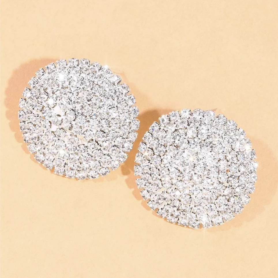 TREAZY Silver Color Full Rhinestone Big Round Stud Earrings Fashion Shiny Crystal Statement Women Jewelry Wedding Party Earrings
