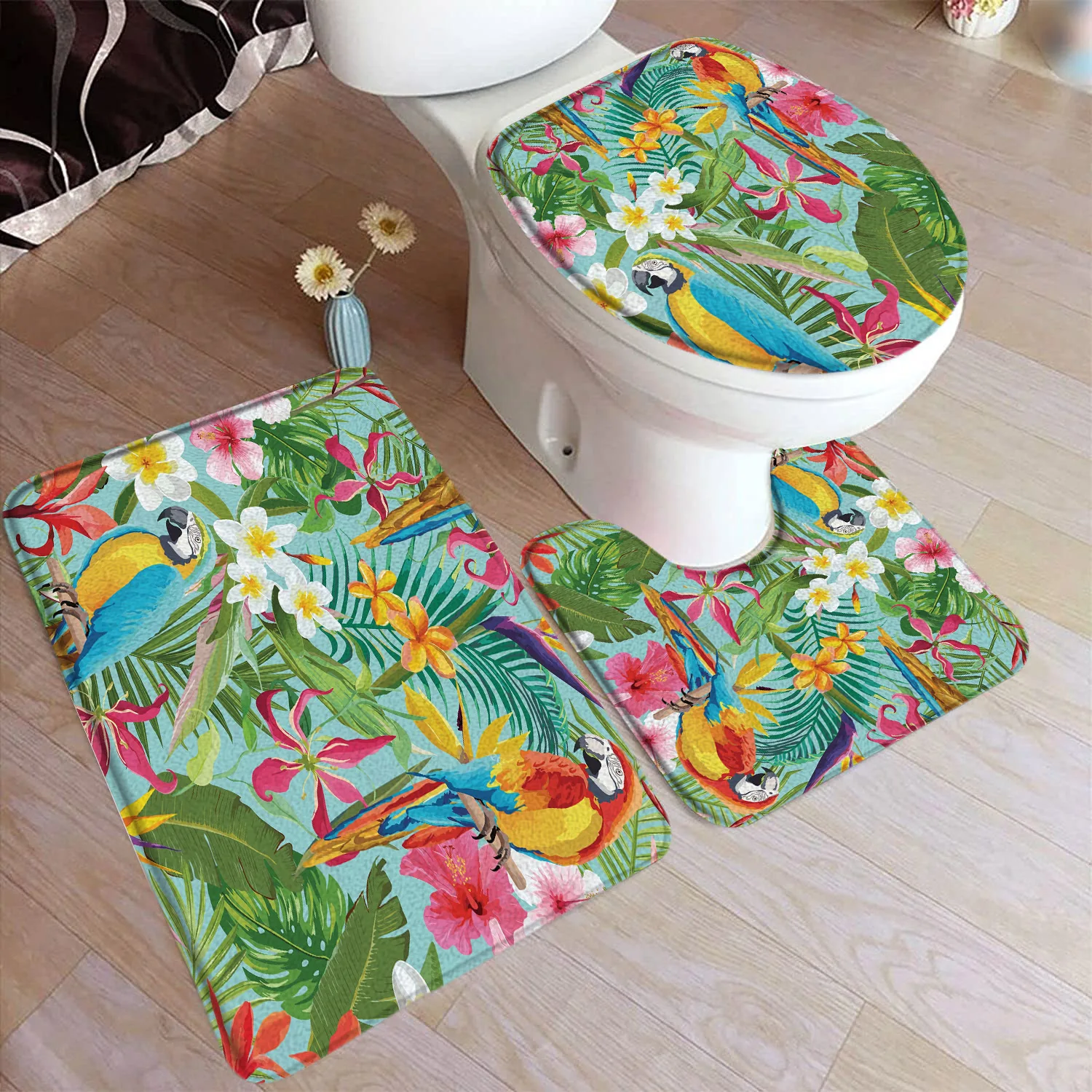 Tropical Leaves Bath Mat Set Palm Leaf Monstera Plnat Floral Home Carpet Flannel Bathroom Decorative Floor Rugs Toilet Lid Cover