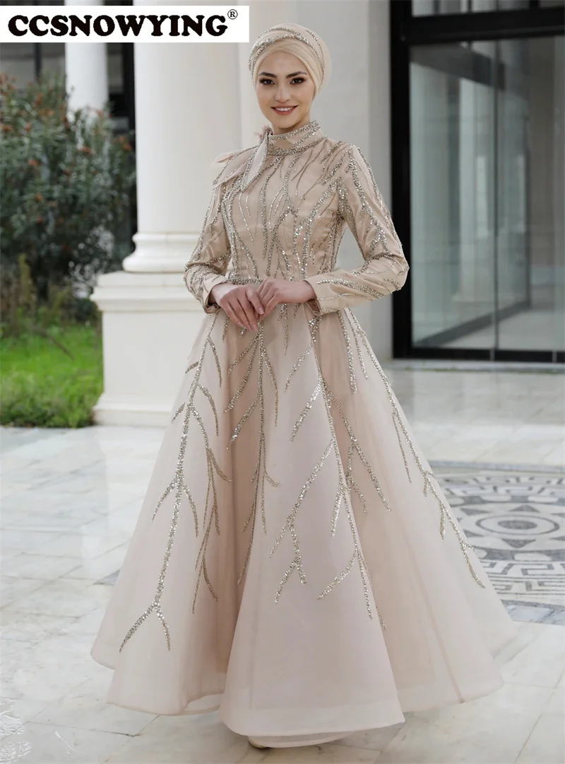 Full Sleeve Muslim Evening Dresses Organza High Neck Islamic Formal Party Gown Women Arabic Kaftan Appliques Robe De Soiree