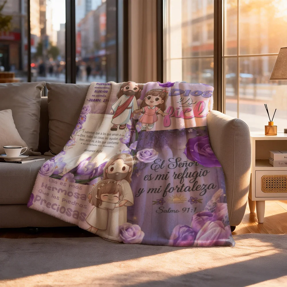 Spanish Christian Jesus Flannel Blanket Bible Verse Rose Faith Scripture Religious Throw Blanket Prayer Home Decor Sofa Bed Couch Nap Blanket Church Room Decoration Christmas Birthday Gift Catholic Spiritual Inspirational Faith Message Home Accent