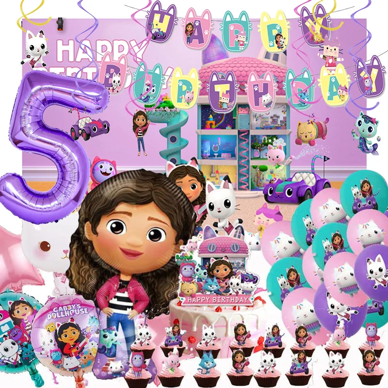 Gabby Dollhouse Cats Birthday Decoration Balloon Disposable Tableware Backdrop For Kids Gabby Dolls House Figures Party Supplies