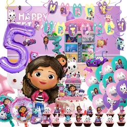 Gabby Dollhouse Cats Birthday Decoration Balloon Disposable Tableware Backdrop For Kids Gabby Dolls House Figures Party Supplies