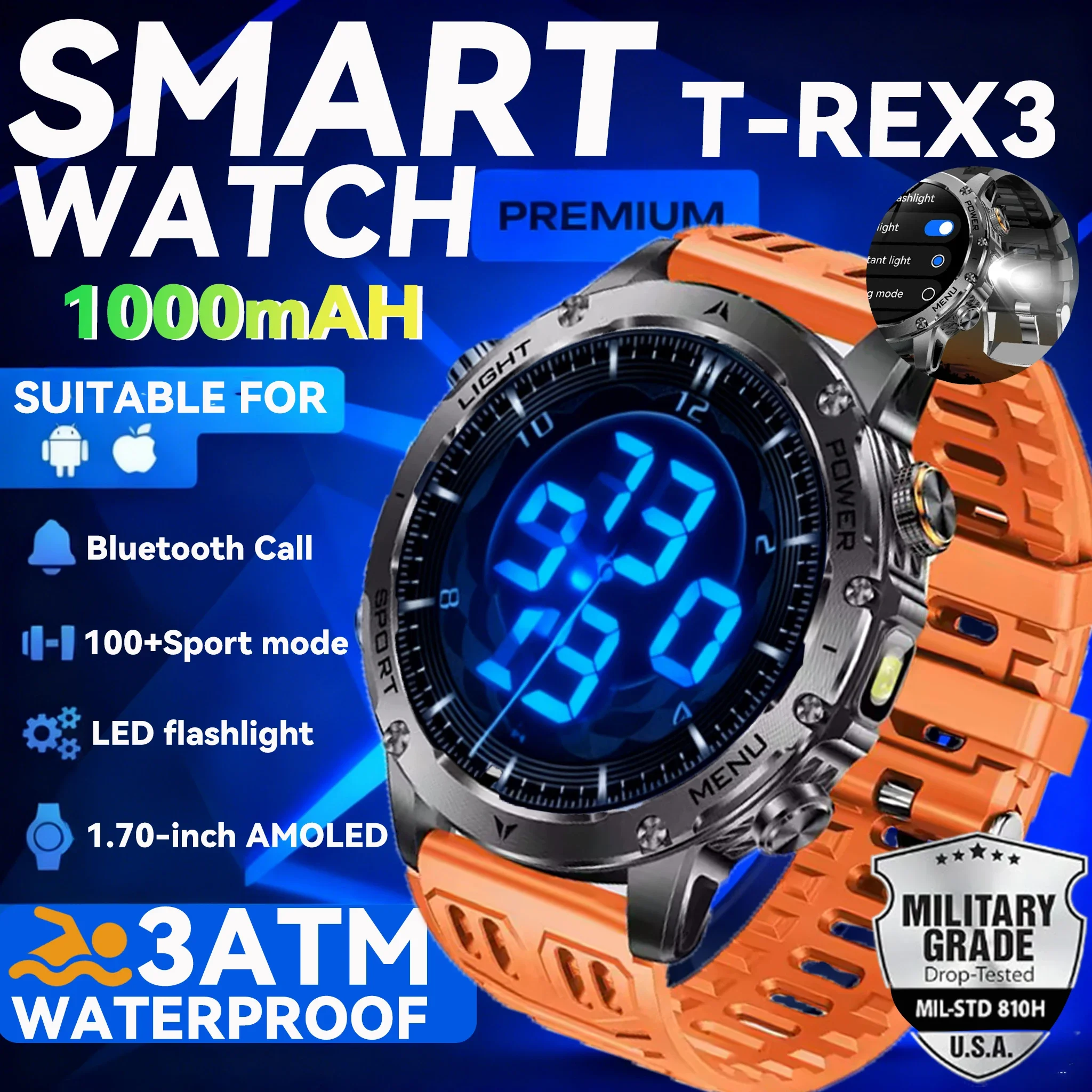 

New Military Grade 1000mAh Battery Smartwatch GPS 3ATM Waterproof NFC Voice Bluetooth Call Men 1.7-inch AMOLED Sport Smart Watch
