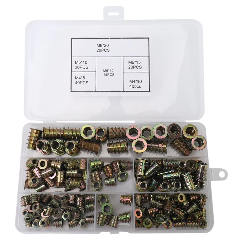 Threaded Inserts Nuts, Wood Insert Assortment Tool Kit, M4/M5/M6/M8 Furniture Screw Inserts Bolt Fastener(165 PCS)