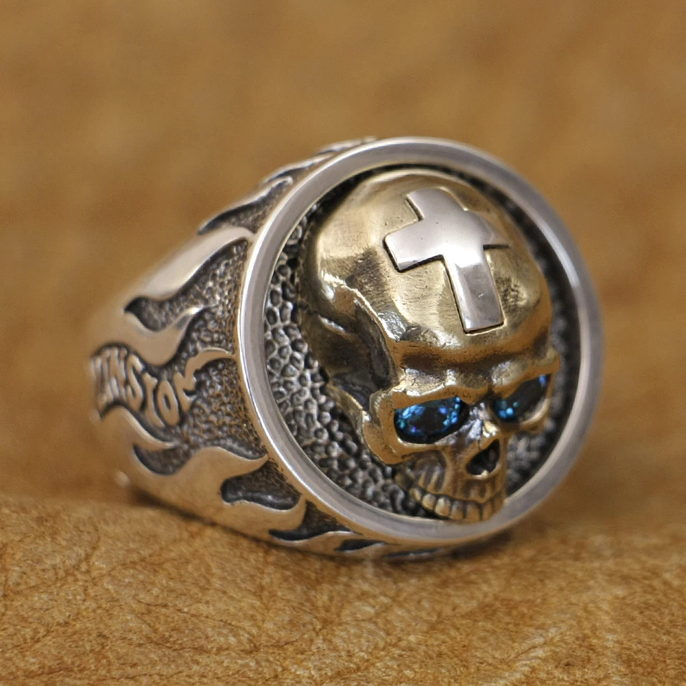 Brass Skull Blue CZ Eyes 925 Sterling Silver LINSION Fire Cross Ring TA454 US Size 8~15 BZ