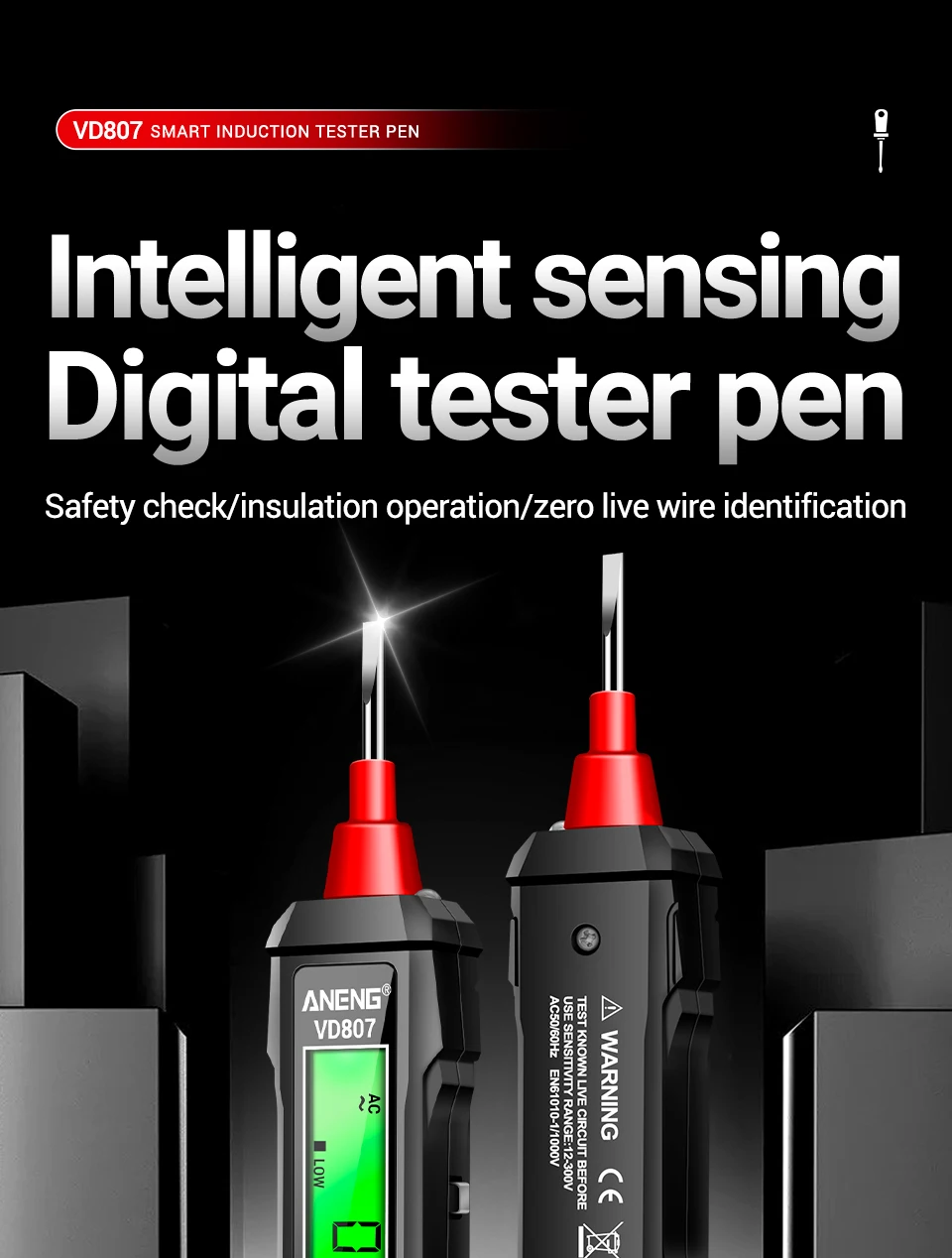 ANENG VD807 Ein-Wort-Induktionstester Tragbarer 50/60 Hz intelligenter elektrischer Stift NCV-Sensor AC 12-300 V berührungslose Drahtdetektor-Werkzeuge – Detail 3
