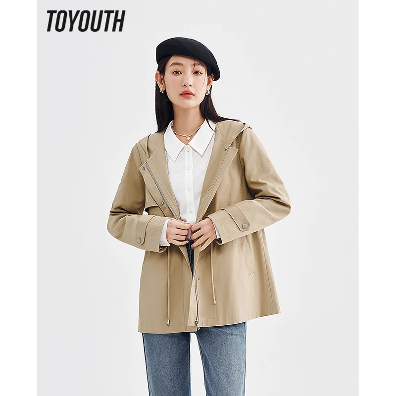 

Toyouth Women Trench Coat 2023 Spring Long Sleeve Drawstring Waist Loose Hooded Windbreaker Mid Length Khaki Classic Casual Ele