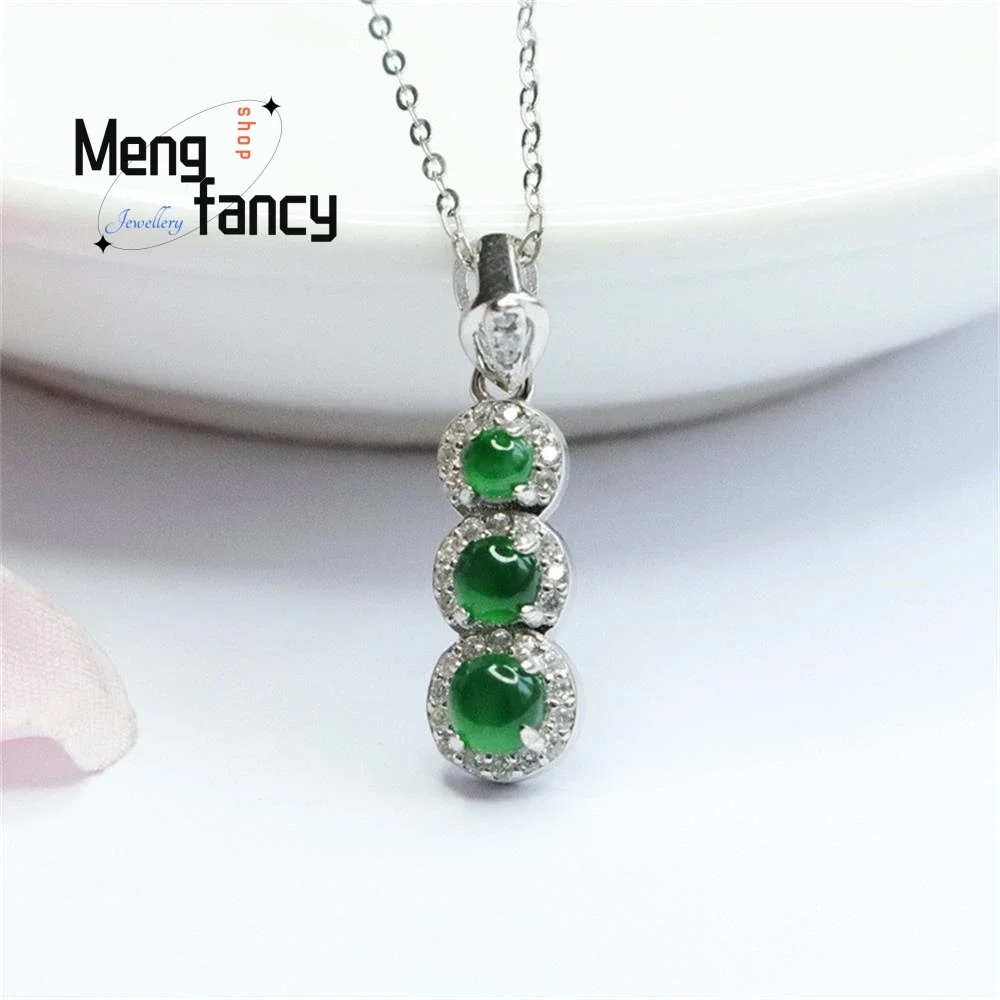 S925 Silver Lnlaid Natural Ice Jadeite Four Season Bean Pendant Exquisite Elegant Simple High-grade Luxury Quality Fine Jewelry