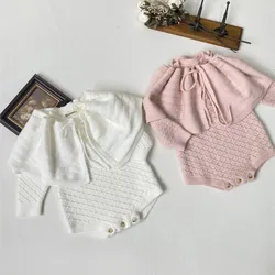 Newborn Baby Girl Solid Knitted Romper+Ruffle Shawl 2PCS Set Infant Toddler Long Sleeve Sweater Jumpsuit Autumn Clothes 3M-18M