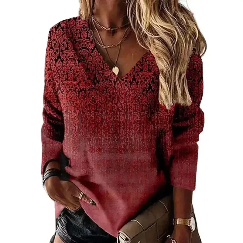 

Vintage Print V Neck Pullover T-Shirt Women Ethnic Style Autumn Long Sleeves Tops Female Daily Comfortable Casual Commuter Tees