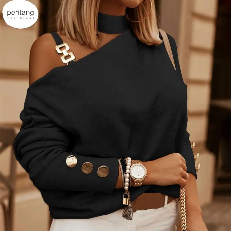 

Slanted Shoulder Chain Decorative Pullover T-Shirt Women Autumn 2024 New Fashion Casual Long-Sleeved Black Apricot Blouse Tide