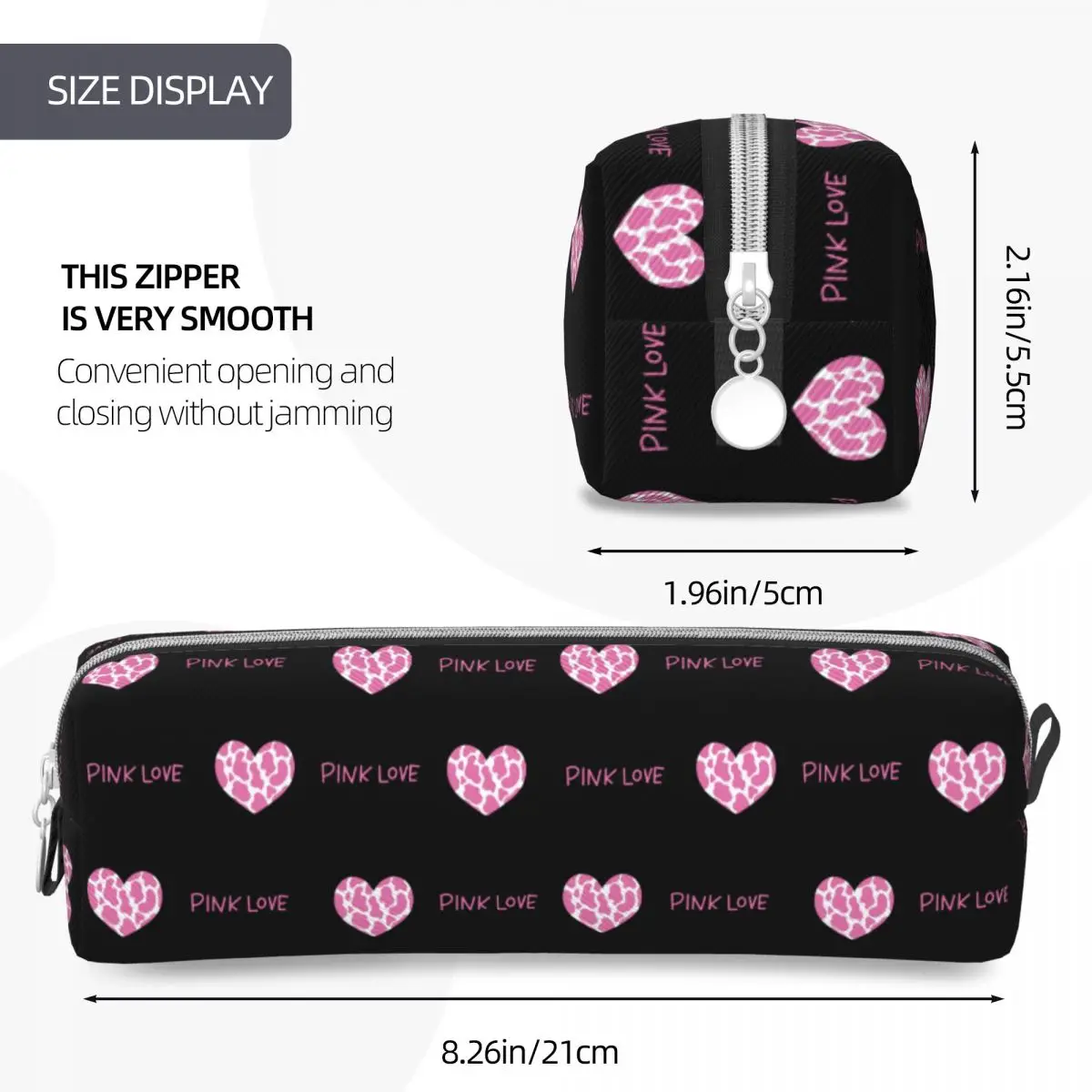 Fun Cute Heart Pink Love Pencil Case Black Pencilcases Pen for Student Big Capacity Bags Office Zipper Stationery