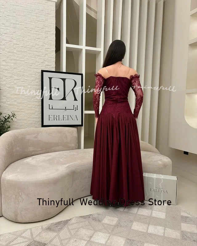 Thinyfull A ライン シフォン/レース プロムドレス オフショルダー 長袖 イブニングドレス アラブ フォーマルドレス ローブ ド ソワレ カスタマイズ