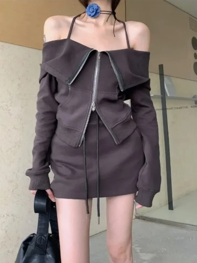 2023 Autumn Sportswear Clothing Suit Korean Fashion 2 Piece Set Woman Solid Casual Cardigan + Slim Y2k Mini Skirt Office Lady