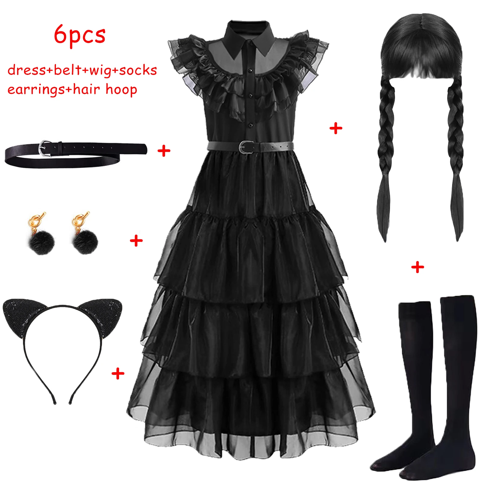 

Black Wednesday Costume Girls Princess Mesh Dress+Wig For Kids Carnival Birthday Party Halloween Cosplay Addams Clothing Outfits