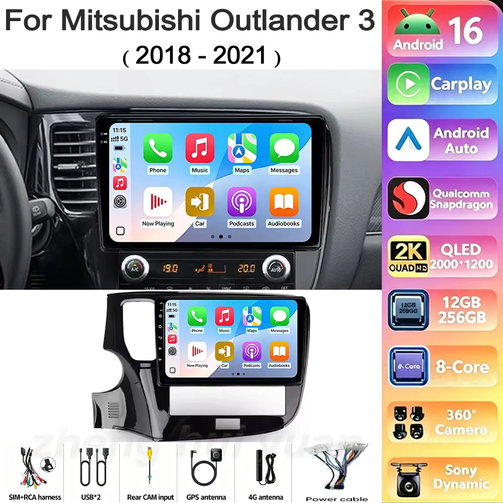 Android 16 For Mitsubishi Outlander 3 III 2018 - 2021 CarPlay Android Auto Car Radio Stereo GPS Navigation Multimedia Player RDS