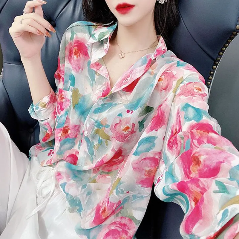 Office Lady Vintage Floral Printed Shirt Fashion Pockets Spliced Spring Summer Contrasting Colors Women\'s Single-breasted Blouse