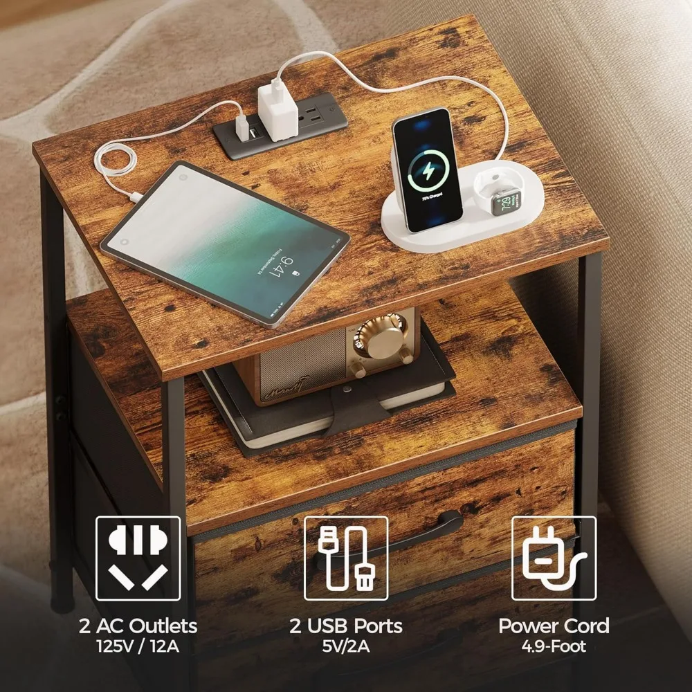 طقم منضدة مكونة من قطعتين، حامل ليلي مع قاعدة شحن وأضواء LED، طاولة بجانب السرير مع درجين قماشين لغرفة النوم، مقاس صغير