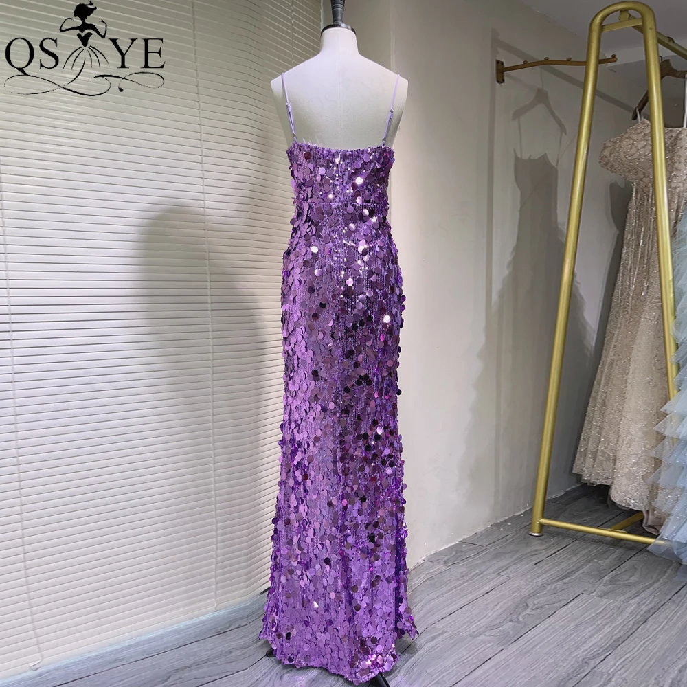 Big Sequin Purple Evening Dresses 2024 Sequined Full Mermaid V Neck Evening Gown Big Sequins Spaghetti Straps Formal Party Dress