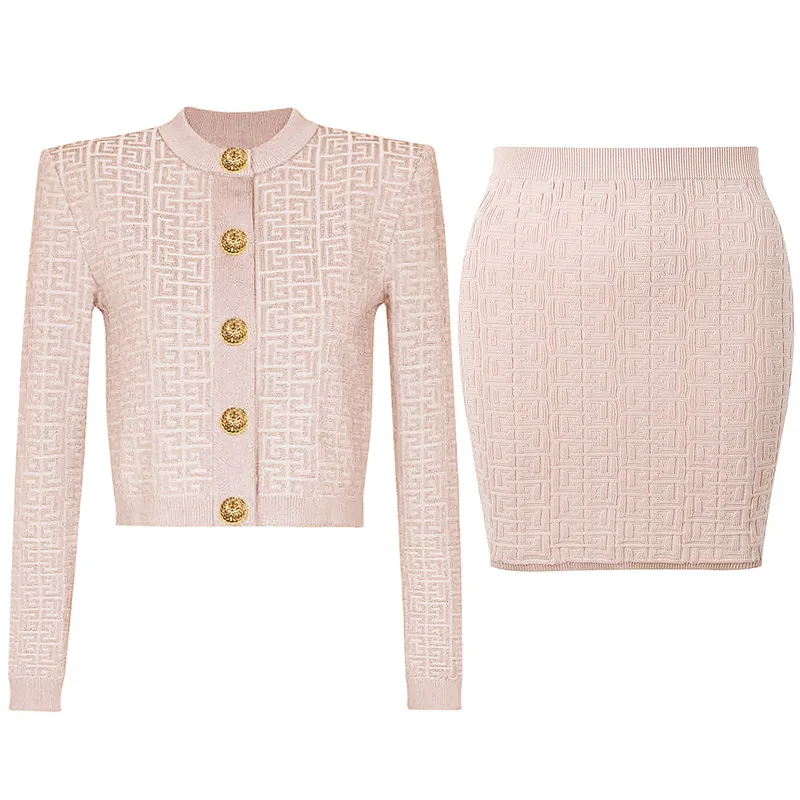 New Letter Jersey Gold Button Top And Knitted Cotton Skirt Set