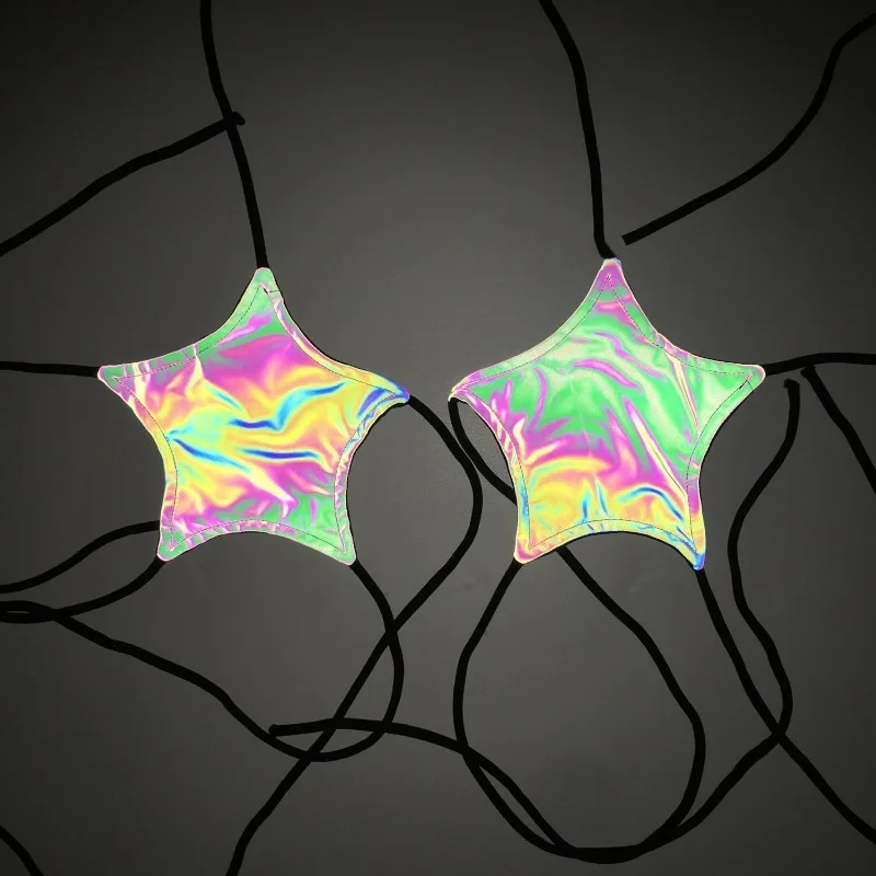 Conjunto de biquíni com estampa de estrela reflexiva, alças ajustáveis, maiô de duas peças, roupa de balada sexy, glitter, praia, piscina, festa, férias de verão