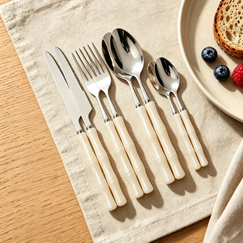 8Pcs Silver Dinnerware Set Stainless Steel Cutlery Set Knife Fork Spoon Kitchen Flatware Acrylic Bamboo Shape Tableware