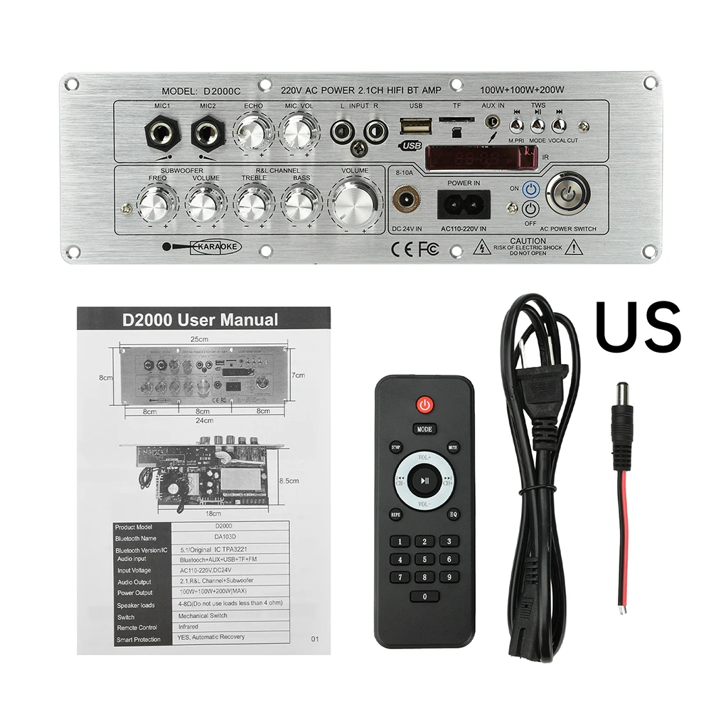 DC 24V/AC110-20V D2000 Bluetooth-Soundverstärkerplatine 2.1-Kanal 100W+100W+200W Hochleistungs-Ausgangsverstärker für Lautsprecher – Detail 9