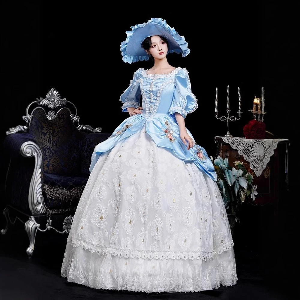 

Blue European Court Dress High-end Retro Photo Catwalk Drama Performance Costume Vestidos Luxo Para Festa Robe Cérémonie Femme
