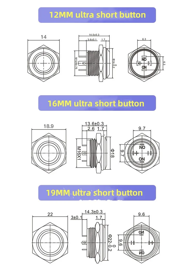 12/16/19/22/25/30mm Ultra Short Metal Button Switch Micro Instantaneous Reset Waterproof Power5V6V12V24V 1NO LED Light  Red Blue