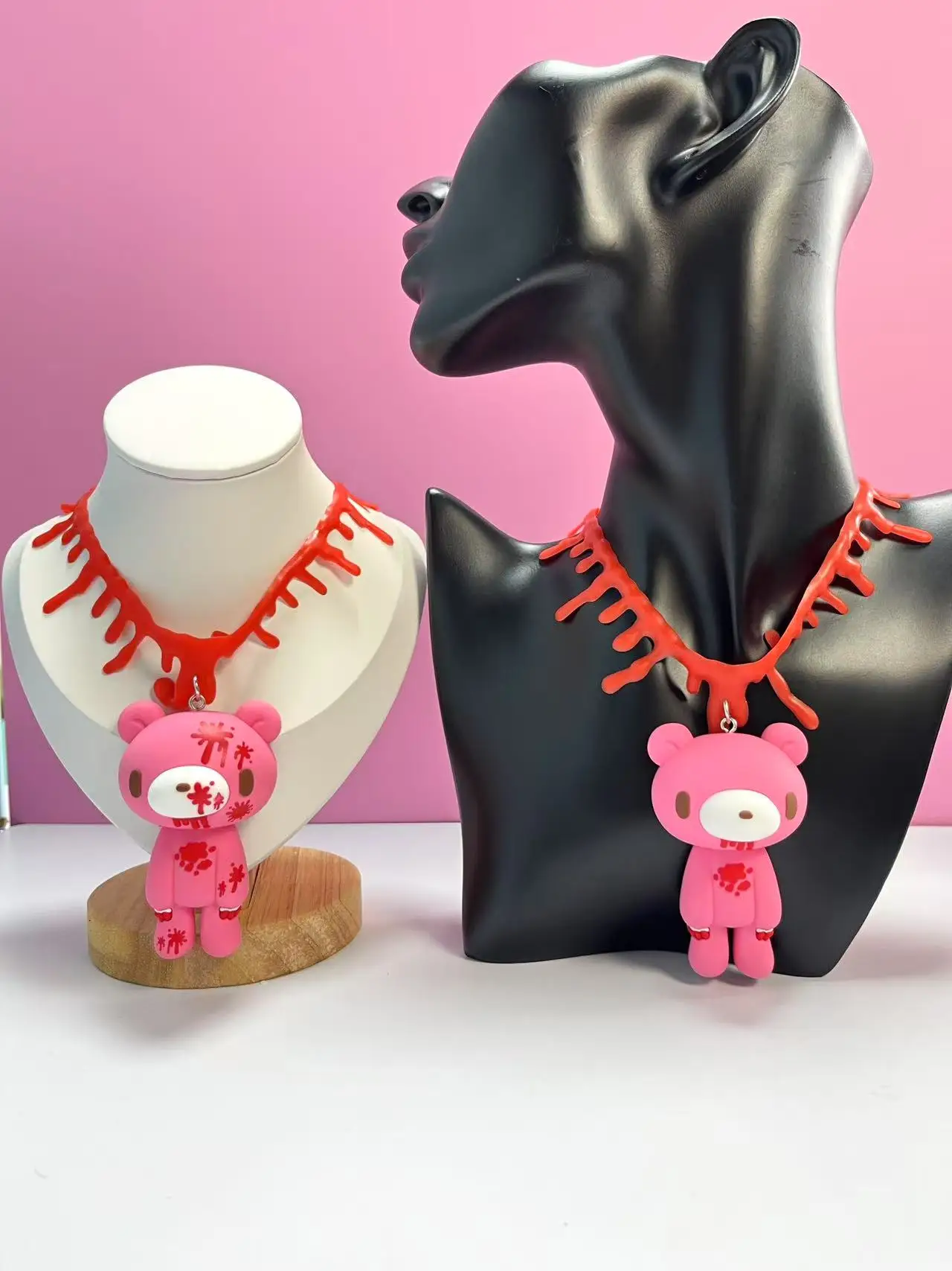 Cute Bear Pendant Necklace,Gothic Horror Aesthetic Choker,Silicone Cartoon Necklace with Red Decor,Unique Sweet Dark Style Jewel