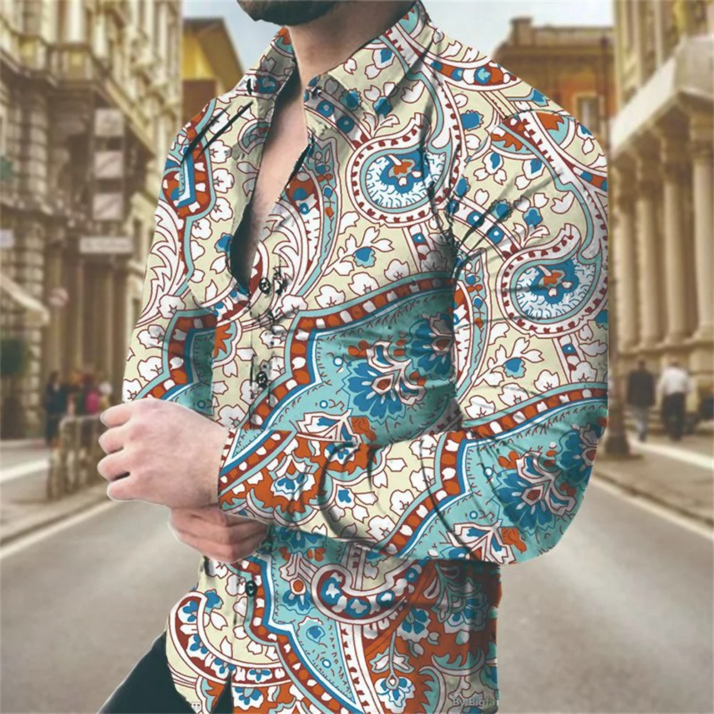 New Luxury Pelis Floral Shirts For Men 3d Printed Lapel Long Sleeved Shirts Y2k Vintage Casual Slim Clothes Tops With Button