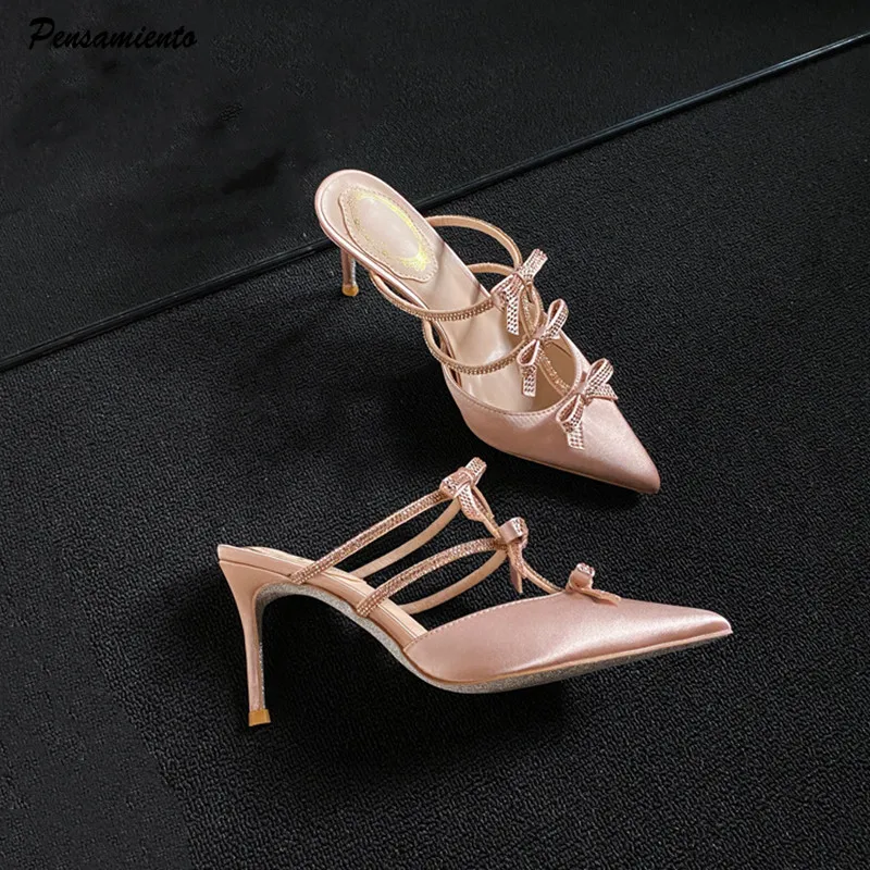 

Роскошные атласные женские туфли-лодочки со стразами и бантом, элегантные туфли Мэри Джейн на тонком высоком каблуке, модные вечерние свадебные туфли