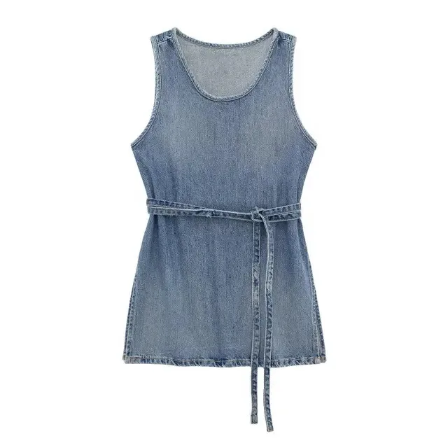 BabYoung Women Summer Fashion Solid O Neck Sleeveless Denim Dresses Female Casual Pullover Side Split Belt Decoration Long Skirt