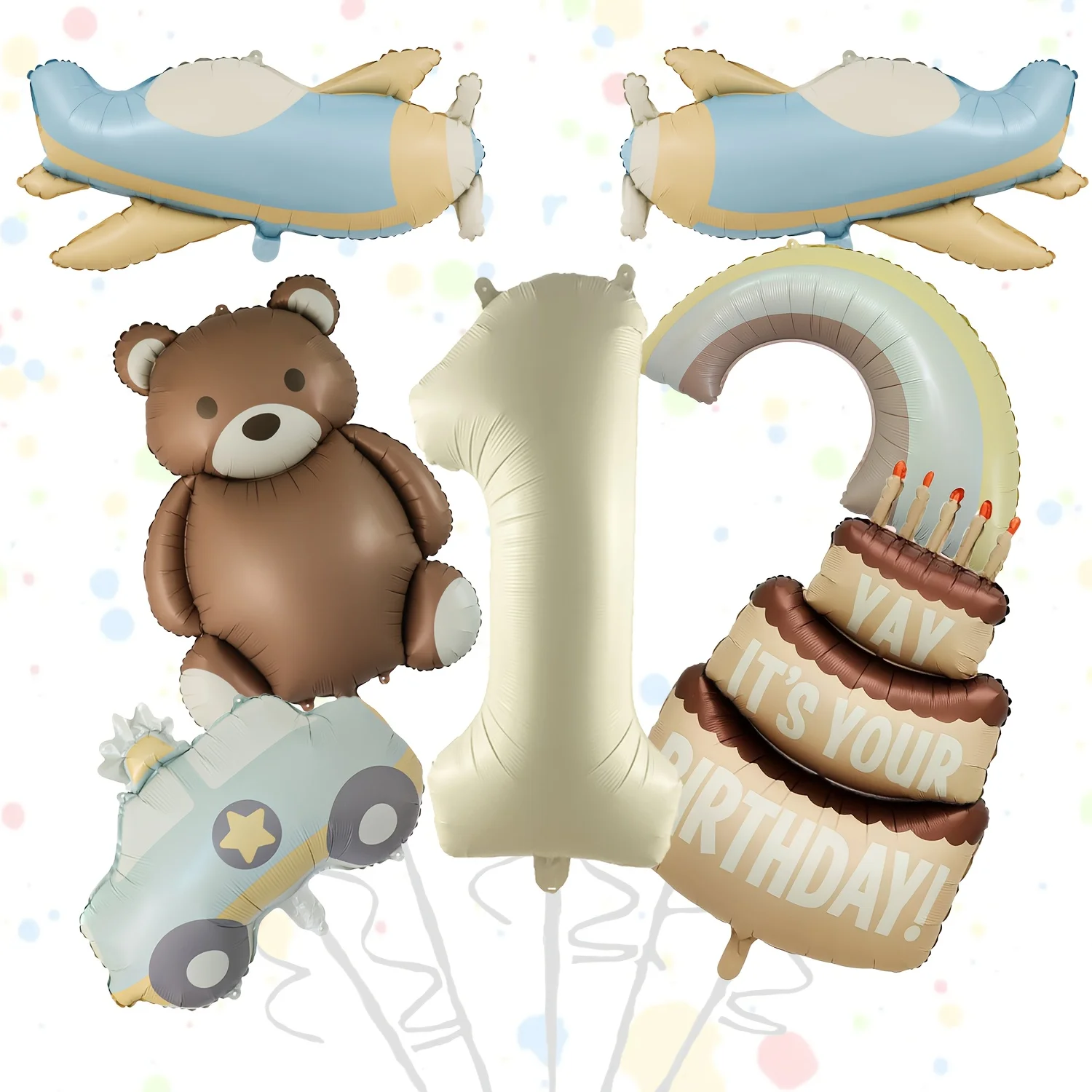 Juego de globos de color crema con pastel de oso de avión y coche vintage de 7 piezas con números 1-9 perfecto para fiestas de cumpleaños