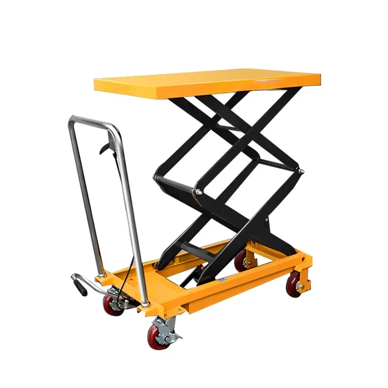 Manual hydraulic lifting platform car, scissor workbench, flat moving trolley, hand pushing small lift