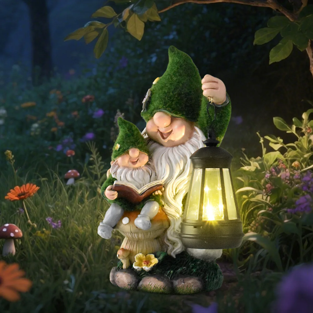 New flocking book goblin resin ornament courtyard balcony lantern dwarf solar garden sculpture