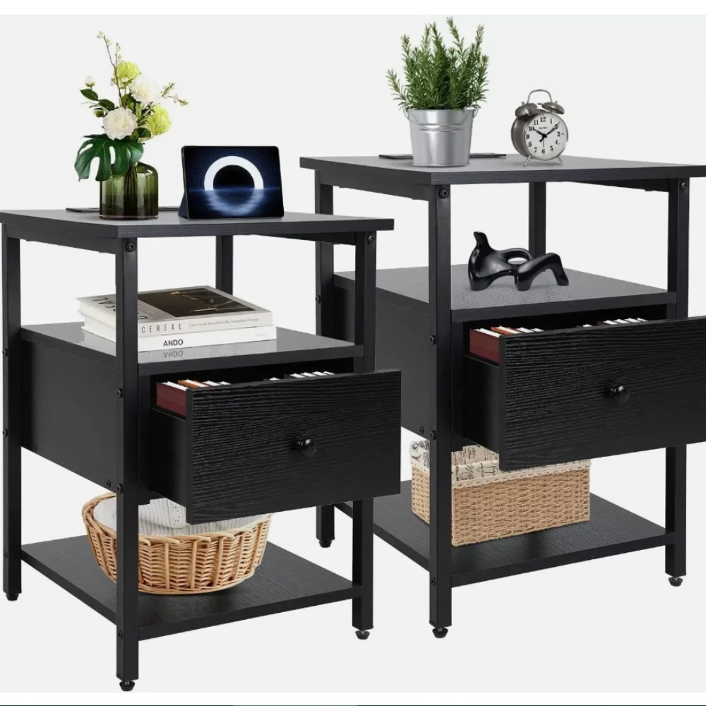 Nightstand End Table Bedside Table with 1 Drawer Bedside Furniture w/2 USB Ports