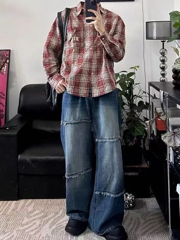 

Мужские джинсы прямого кроя в стиле ретро, свободные, модные, в стиле хип-хоп, удлиненные, осенне-зимние, с рваным дизайном, повседневные