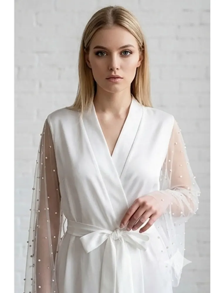 

Ivory Pearl Bride Robe Wedding Kimono for Woman Sheer Faux Pearl Silk Getting Ready Robe Party Bridesmaid Gift Bridal Short Gown