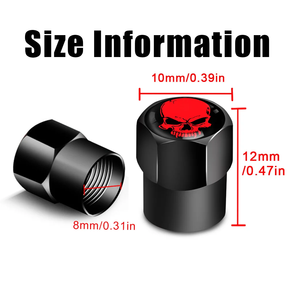 AUTCOAT 4Pcs Skull Tire Valve Stem Cap with O Rubber Ring, Dust Proof Cover Universal Fit for Car, Bicycle, Truck, Motorcycle