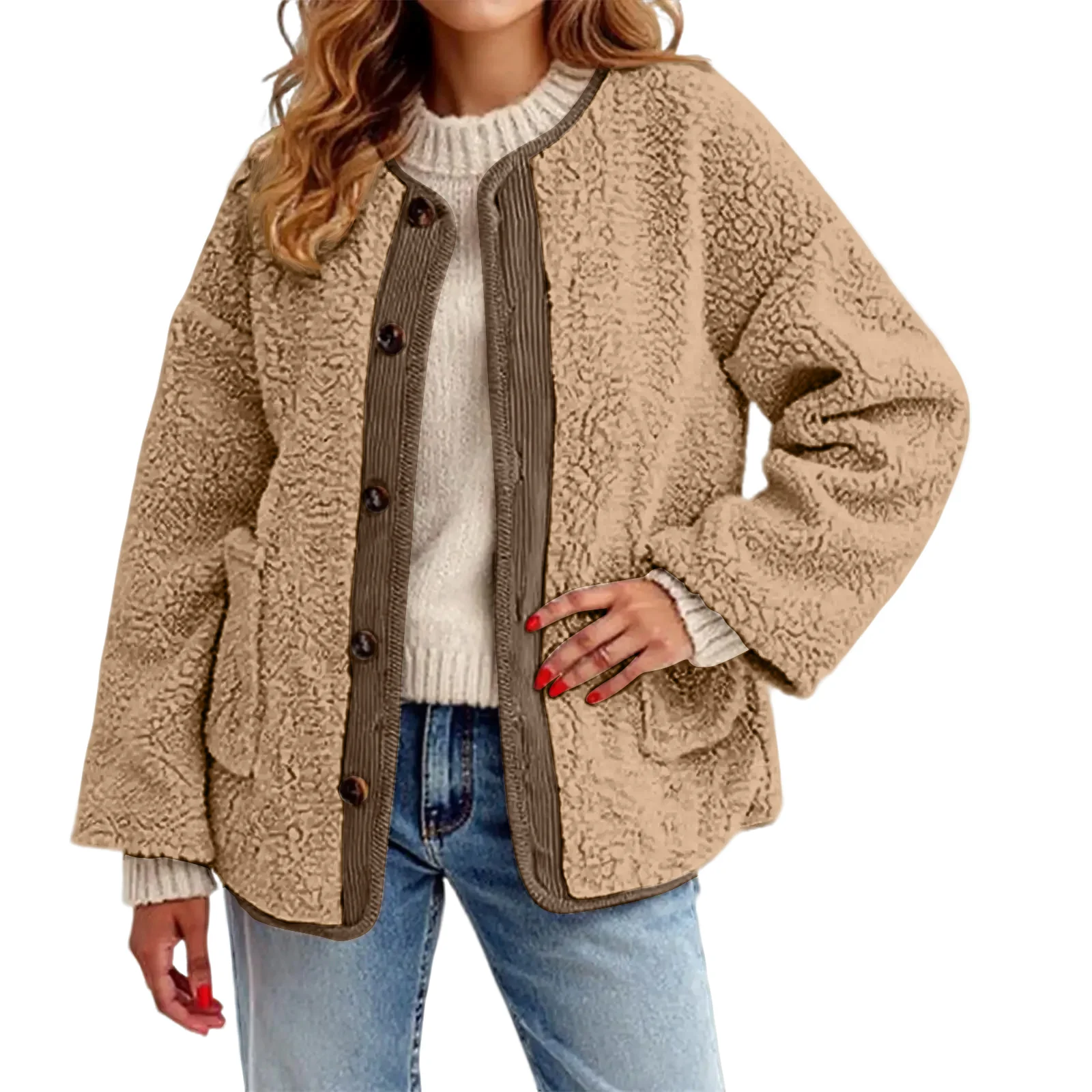 

Женская осенне-зимняя плюшевая куртка, повседневная плюшевая куртка из овечьей шерсти с длинными рукавами, пальто с карманом, толстые теплые куртки-кардиганы