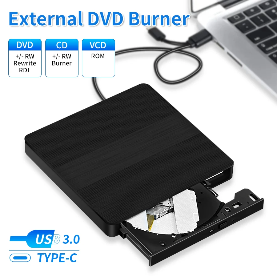 

2 in 1 USB 3.0 Type C External Optical Drives DVD RW CD Writer CD-ROM DVD-ROM Reader Player for Laptop PC Portable DVD Burner